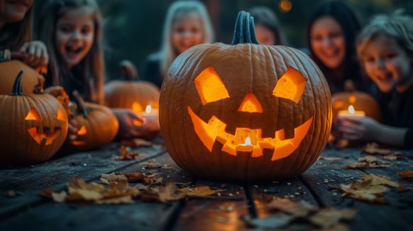 Kids gathered around a spooky jack-o-lantern